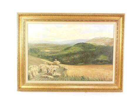 Philip Kilner (20thC). Figures harvesting in a hilly landscape, oil on canvas, signed, 49.5cm x 74.5cm.