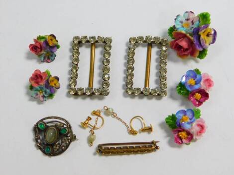 A group of jewellery, comprising an Arts & Crafts silver and gem stone set circular brooch, Victorian bar brooch, stamped 15ct, 1.9g, a pair of 19thC paste shoe buckles, a pair of 9ct and seed pearl drop earrings with screw fittings, 1.3g, a floral porcel