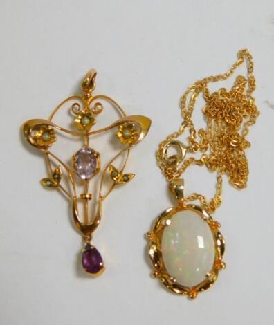 An Art Nouveau 9ct gold amethyst topaz and seed pearl floral pendant, together with a 9ct gold and opal pendant on chain, 4.6g.