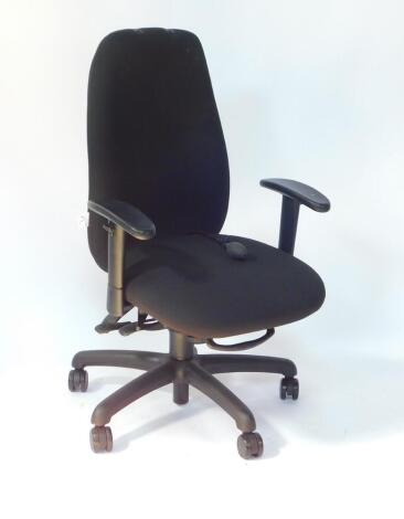 A Gochair Adapt office chair, with pump action, adjustable seat and back, raised on a five leg base on castors.