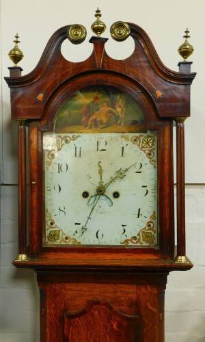 William Smith. A George III oak and mahogany crossbanded longcase clock. the break arch dial painted with medicine being administered to a wounded man, the circular dial bearing Arabic numerals, subsidiary seconds dial and date aperture, two train eight d