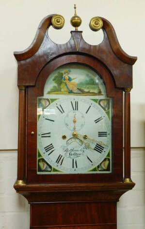 A William IV oak and mahogany crossbanded longcase clock by Bothamley of Boston, the break arch dial painted with a fashionable lady fishing, and shell spandrels, the circular dial bearing Roman numerals, subsidiary seconds dial and date aperture, two tra