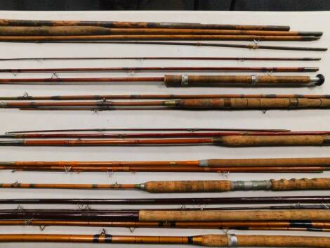 Split cane and other composite fishing rods, including an Alcocks ISIS float rod, Fenland fibroalloy float rod, a Milward float rod, J.C Southwell of Croydon float rod, a Fenland by J.C Clayton etc (8)