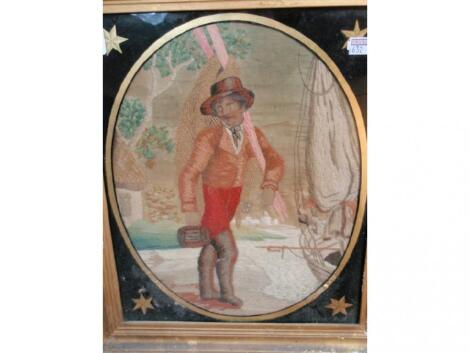 A 19thC woolwork picture of a fisherman