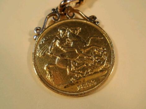 A double sovereign 1895 in an attached pendant mount on a belcher chain stamped 9c