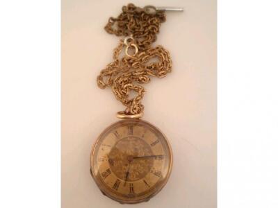 A mid size open face fob watch or base metal chain