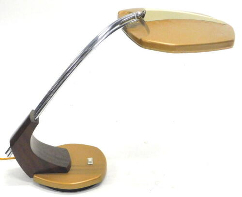 A 1960's Spanish Fase vintage table lamp, with shaped shade, 26cm wide, triple chrome stem and shaped base, with on/off switch, marks beneath, 47cm high.