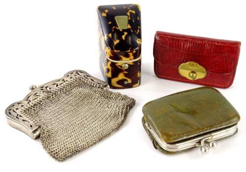 A late Victorian stamp box, set with graduated dividers of tapering form, with a vacant cartouche, 6cm high, 4cm wide, 4cm deep, various chain purses to include chain mill miniature evening purse and various coins (a quantity).