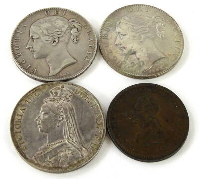 Various coins, a Queen Victoria crown 1845, young head, another 1891 Jubilee head, an 1813 Hull penny and a further 1844 crown (4).