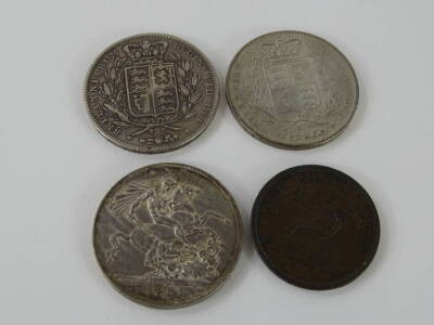 Various coins, a Queen Victoria crown 1845, young head, another 1891 Jubilee head, an 1813 Hull penny and a further 1844 crown (4). - 2