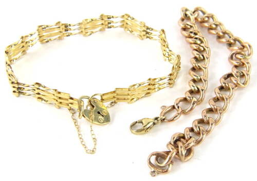 Two chains, comprising a gate bracelet, with heart shaped clasp, 14cm long and a watch chain, rose gold coloured, each unmarked, 11g all in (2).