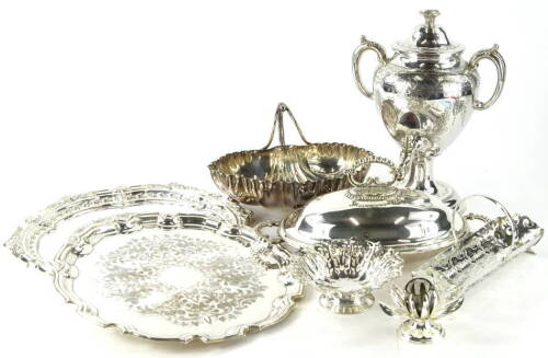 Various silver plated ware, two salvers, a samovar with front tap, 29cm high, partially chased with flowers and flanked by 'C' scrolls, acanthus capped handles, a shaped dish etc. (a quantity).