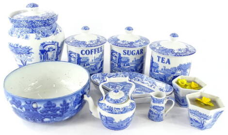 Various blue and white pottery, to include Copeland Spode Italian jars for coffee, 18cm high, sugar, further jar, miniature kettle, further blue and white pottery shaped dishes etc. (a quantity).