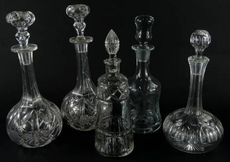 Various 20thC cut glass decanters, moulded glass and others, to include one of circular tapering form with flame stopper, 30cm high, a further pair, another of inverted mallet shape etc. (5).