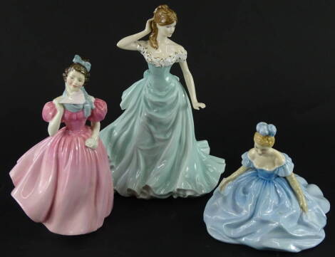 A Royal Doulton figure, Debutante, HN2210, printed marks beneath, 14cm high and two further figures Coalport With This Ring and Royal Doulton Camelia, HN2222, printed marks beneath (3).