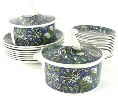 A Portmeirion pottery Susan Williams-Ellis Magic Garden pattern part dinner service, comprising two lidded tureens, 24cm wide, eight dinner plates and sixteen side plates (a quantity).