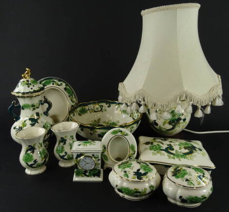 Various Masons Ironstone Chartreuse pattern pottery, comprising a shaped bowl, 21cm wide, lidded vase, photograph frame, pair of vases, mantel clock, two further vases, lidded jar and table lamp (a quantity).