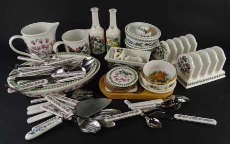 Various Portmeirion Botanic Garden pottery dinnerware, to include cutlery, jug, 15cm high, toast racks, vinegar bottle, coasters etc., printed marks beneath (a quantity).