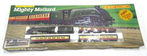 A Hornby railways 00 gauge boxed electric train set, Mighty Mallard 60022 comprising locomotive tender, carriages and rolling stock, in fitted box. (AF)