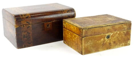 A Rowland Ward Piccadilly work box, with pressed hide type outer decoration and Audley locks, of rectangular form, 11cm high, 25cm wide, 17cm deep, and a Tunbridge style dome topped jewellery casket of rectangular form with a double inlaid banding.