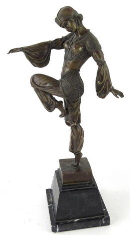 A bronze figure of an Art Deco dancer, on a black veined marble tapering base, bearing name D.H. Chiparus, 50cm H.
