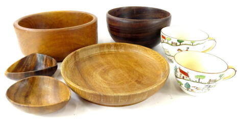 Various treen, tribal style bowl, 24cm diameter, various others, Crown Staffordshire hunting mugs etc. (a quantity).