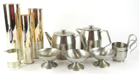 Various Scandinavian type and other plated ware, Devlin style plated vase, 24cm high, other cylindrical vases similar, Scandinavian sundae dishes etc. (a quantity).