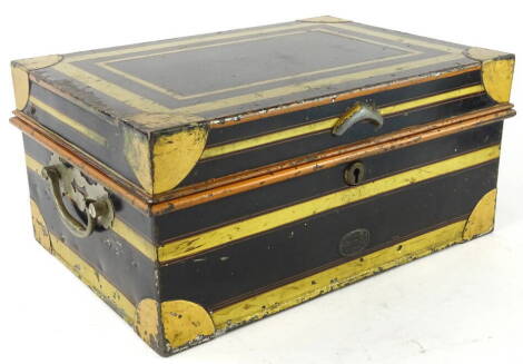 A 20thC metal cash tin, of rectangular form with fitted interior, set with various compartments, other metal fittings for documents etc., with Secure Lever lock and front medallion, with keys, 16cm high, 33cm wide, 24cm deep.
