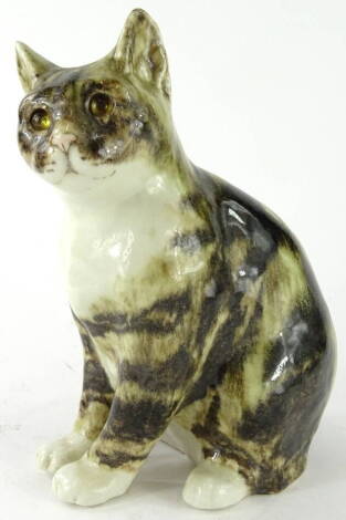 A 20thC Winstanley pottery figure of a cat, in standing pose with glass eyes, looking forlorn, 30cm high.