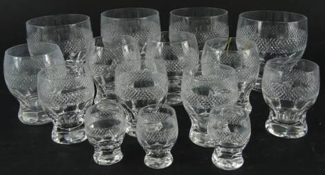 Various 20thC crystal drinking glasses, each with a hob nail cut banding, on shaped feet, unmarked, 10cm high etc.