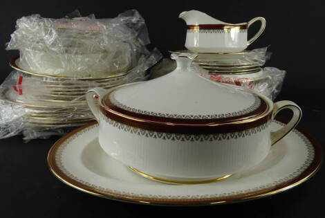 A Royal Albert Holyrood pattern part dinner service, comprising a lidded tureen, 26cm wide, oval meat plate, six bowls, serving plate, six side plates, six dinner plates, six bread and butter plates, a further tureen and gravy boat and stand, (a quantity)