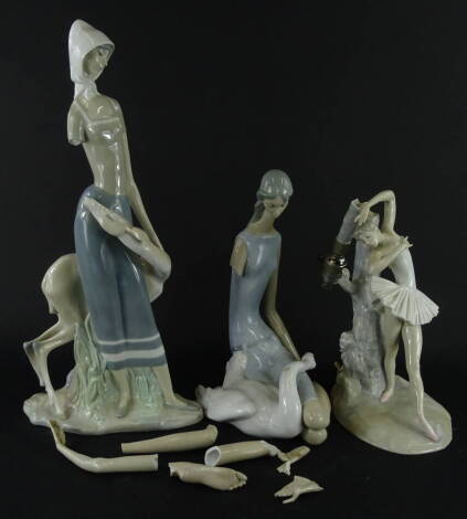 Various Lladro and similar figures, to include a ballerina lamp, a larger figure of a lady aside a fawn, 44cm high and another girl aside a goose, each with scratch marks beneath. (3 AF).