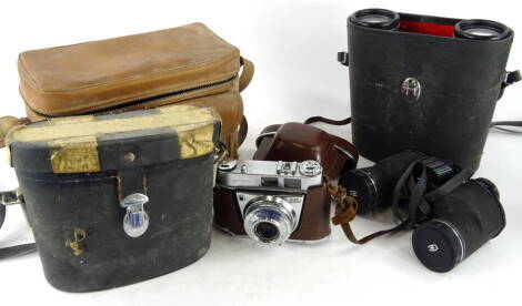 Various binoculars, cameras etc., a cased Kodak Retinette IA camera, 10cm high, in brown leather case, with 1:2.8/45mm lens, various binoculars, Chinon 8 x 40 fitted case etc. (a quantity).