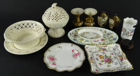 Various pottery and effects, late Leeds Creamware, to include pierced vase with removable lid, 16cm high, chestnut basket, a pair of Satsuma vases with gilt marks beneath, another similar pair, Aynsley, Minton Haddon Hall shaped dish etc. (a quantity).