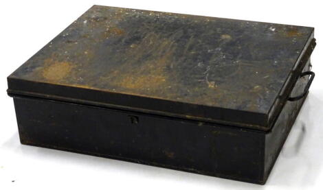 A 20thC metal storage box of rectangular form, with articulated side handles and plain interior, in black, 14cm high, 47cm wide, 36cm deep.