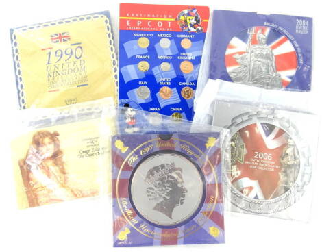 Various United Kingdom brilliant uncirculated coin collection sets, 1990, 1998, 2006, 2004, a Queen Elizabeth the Queen Mother 90th Birthday commemorative coin and an Epcot International coin blister pack (a quantity in plastic wrappers).