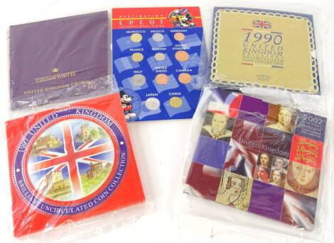 Various United Kingdom brilliant uncirculated coin collection sets, 2002, 1997, 1990, an Epcot International coin set and a Golden Jubilee United Kingdom crown (a quantity, mainly in plastic wrappers).