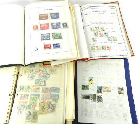 Various stamps and philately. An Acme stamp album containing world collector's stamps, Germany, various others etc., a further blue album, a red Great Britain album containing Swedish collector's stamps, various other world stamps, Uganda 1/-brown back, 