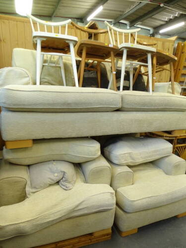 Four various kitchen chairs, with shaped spindle backs, two painted white, 78cm high and a three piece lounge suite comprising three seater settee and two armchairs in cream material (a quantity).