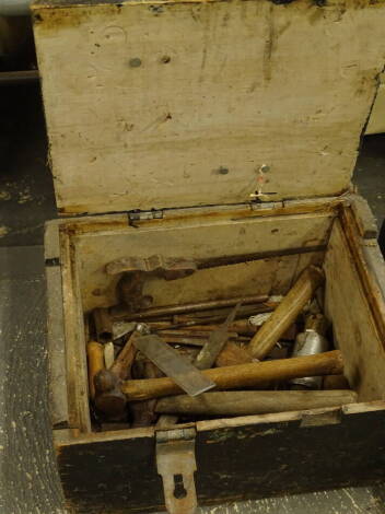 A pine tool box of rectangular form, 24cm high, 45cm wide, 35cm deep, containing a quantity of various hand tools (a quantity).