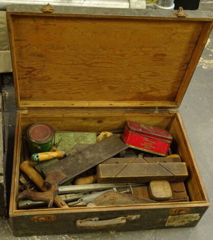 A rectangular pine tool box, with metal mounts, 20cm high, 59cm wide, 40cm deep, containing a quantity of various hand tools, Tenon saw, various others etc. (a quantity).