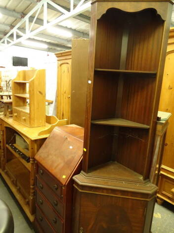 A pine hanging cabinet, various other pine, side cabinet with three part galleried top, 98cm high, 120cm wide, 40cm deep, yew finish bureau of small proportion, hanging pegs and a mahogany finish corner cabinet (a quantity).