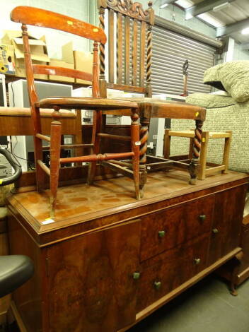 Various furniture, a mid 20thC walnut sideboard, 112cm high, 151cm wide, 46cm deep, a bentwood chair with pierced seat, oak Carolean style chair and a foot stool.