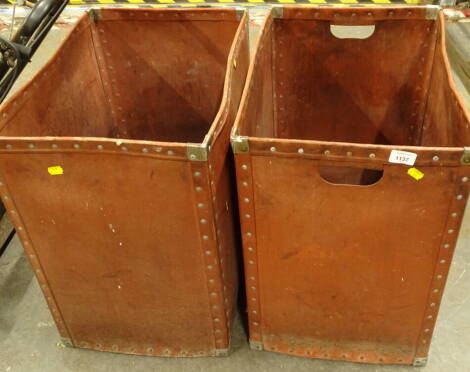 Two studded leather storage boxes, partial label to one, 56cm high, 57cm wide, 39cm deep (2).