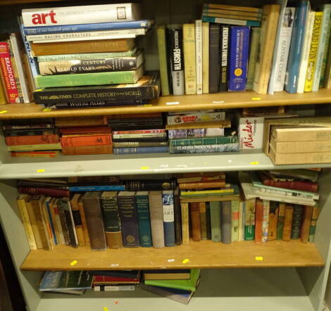 Books. Fiction and non fiction, hardback etc., The Oxford Companion to English Literature, Art, Bradfords Crossword Solvers etc. (3 shelves).