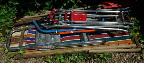 Tools etc., folding step ladder, 93cm high, folding deck chairs, snow shovel etc. (a quantity).