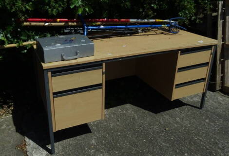 A computer desk, 70cm high and various hand tools, a Claw hand rotavator, portable gas stove, rakes, loppers, hoe etc. (a quantity)