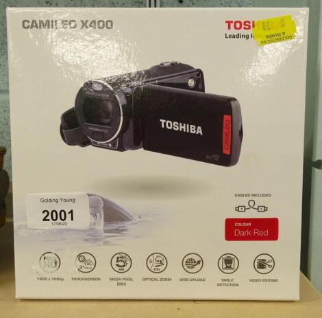 A Toshiba boxed Camileo X400 24X optical zoom camcorder.