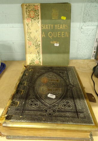 Collins & Sons, The Self Explanatory Family Bible, The Holy Bible containing the Old and New testament, 1874, with exterior lock and pressed leather boards, and Sixty years a Queen book. (2)