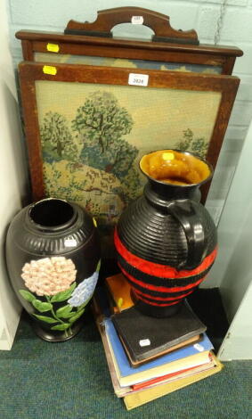 An oak firescreen, with embroidered centre set with cottage before trees, other mahogany framed firescreen with petit point design, large ewer vase, ephemera, books, etc. (a quantity)